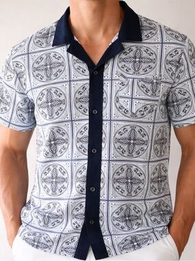 Soul Star Goodman Tile Print Button Shirt Mens M Short Sleeve Navy Collar Casual
